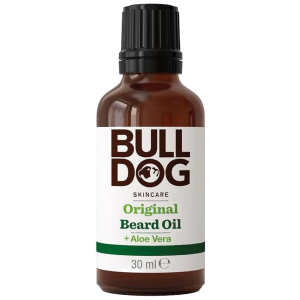 Bote conteniendo aceite para la barba másculina con esencia original de la marca Bulldog