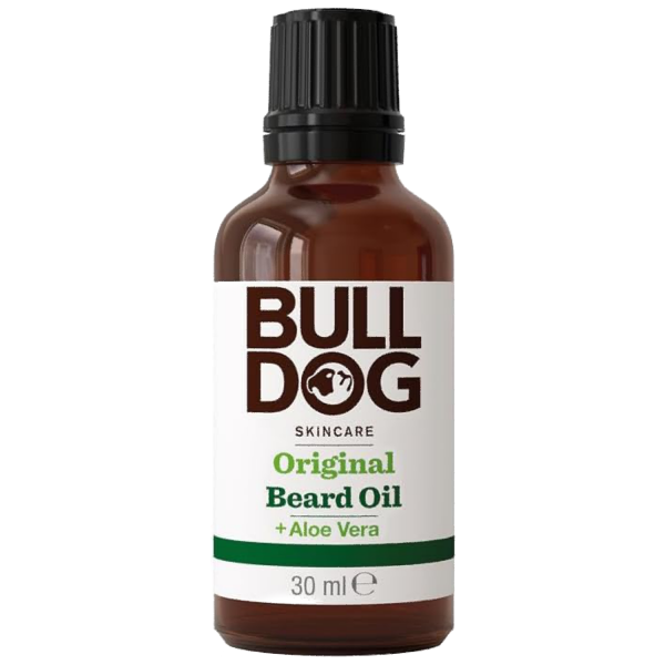 Bote conteniendo aceite para la barba másculina con esencia original de la marca Bulldog