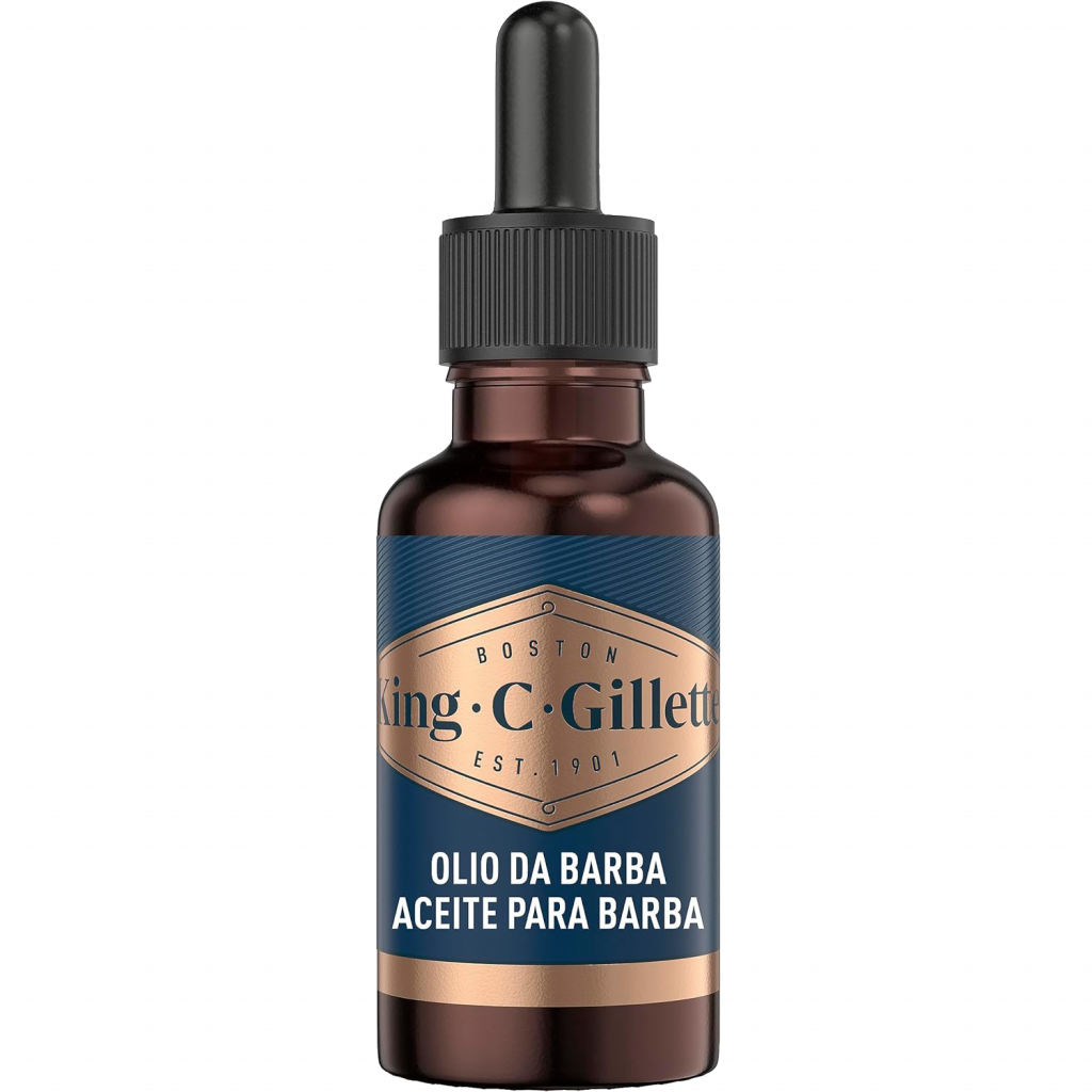 Botella con dispensador en gotas de la marca Gillette conteniendo aceite para el cuidado e hidratación de la barba masculina