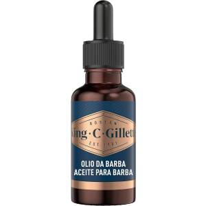Botella con dispensador en gotas de la marca Gillette conteniendo aceite para el cuidado e hidratación de la barba masculina