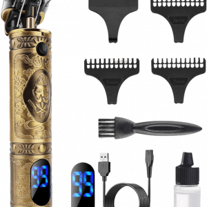 Recortadora de pelo con mango ornamentado y diferentes peines para varios tipos de corte de pelo, con cable para cargar