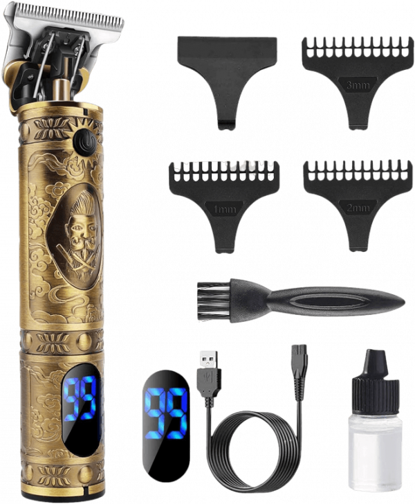 Recortadora de pelo con mango ornamentado y diferentes peines para varios tipos de corte de pelo, con cable para cargar
