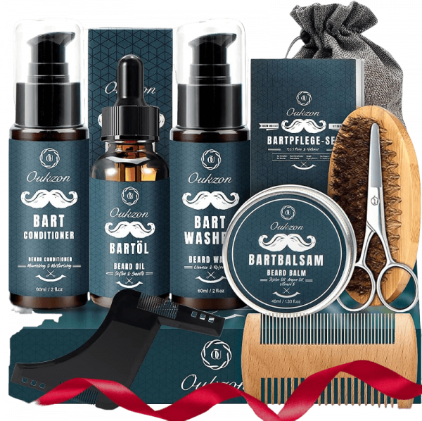 Pack de varios artículos como peine tijera cepillo barba y productos para el cuidado de la barba