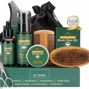 Pack para el cuidado de la barba conteniendo diversos artículos como peine cepillo tijeras y diversos productos para el cuidado de la barba