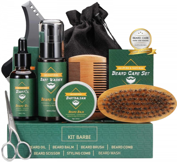 Pack para el cuidado de la barba conteniendo diversos artículos como peine cepillo tijeras y diversos productos para el cuidado de la barba