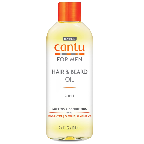 Bote conteniendo aceite para el cabello y la barba masculina de la marca Cantu
