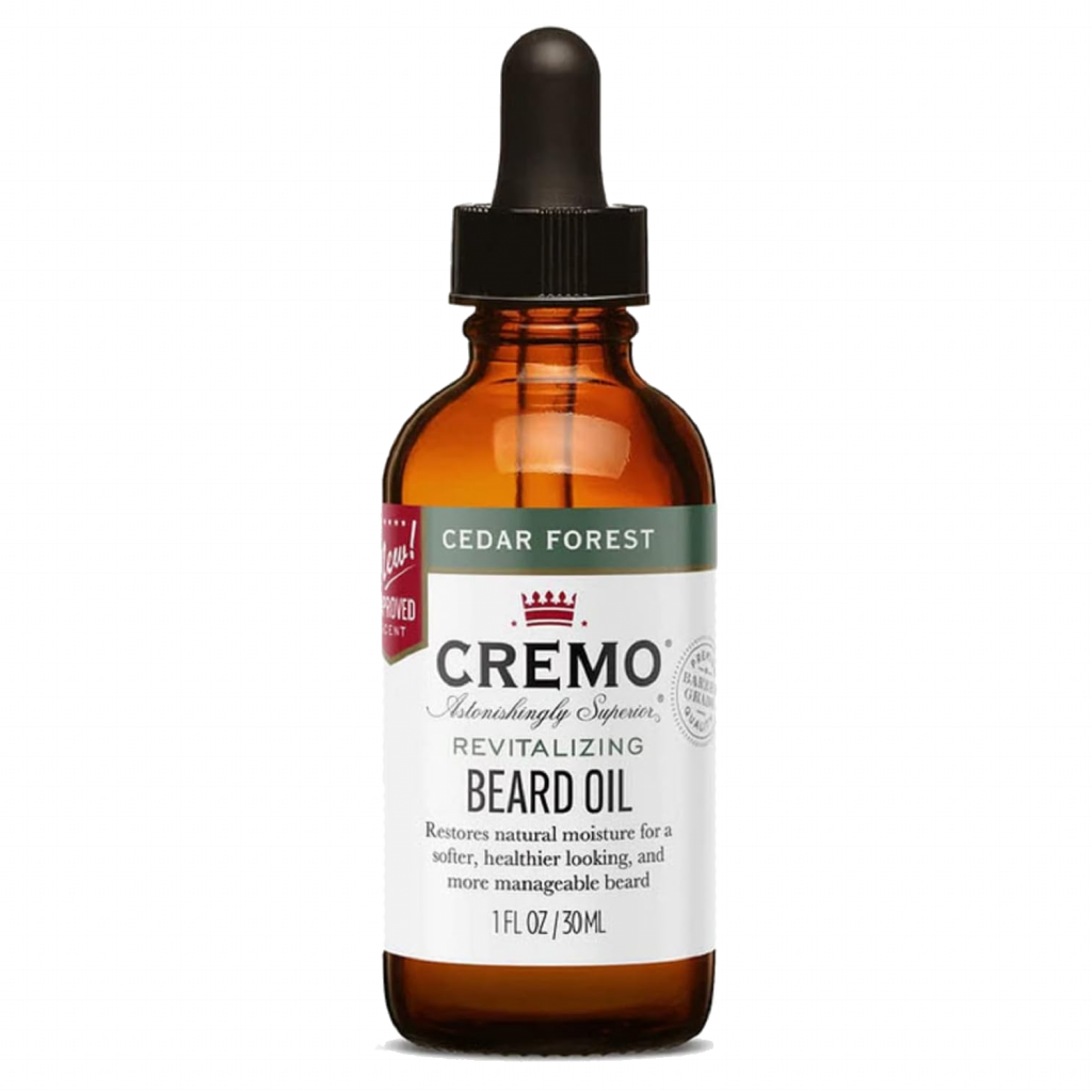 Bote con dispensador de gotas conteniendo aceite para la barba masculina. De la marca Cremo