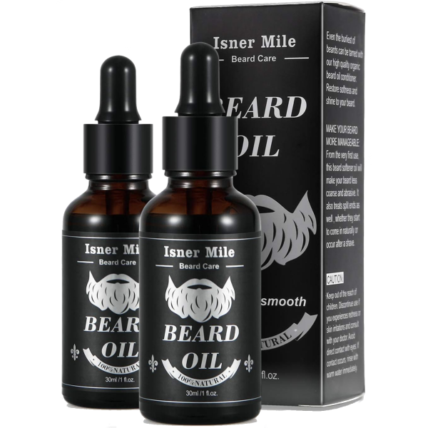 Dos botellas de la marca Isner Mile conteniendo aceite para el cuidado e higiene de la barba. Totalmente origen natural