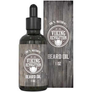 Bote de la marca Viking Revolution conteniendo aceite para el correcto cuidado de la barba masculina. De origen totalmente natural