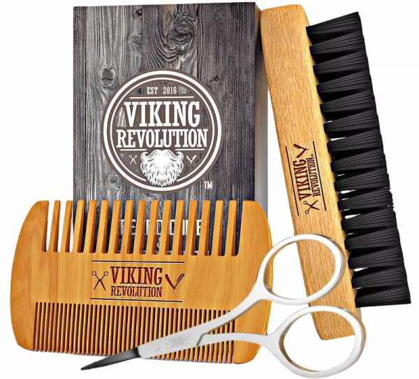 kit de cepillo, tijera y peine para barba, de color marrón. marca viking revolution