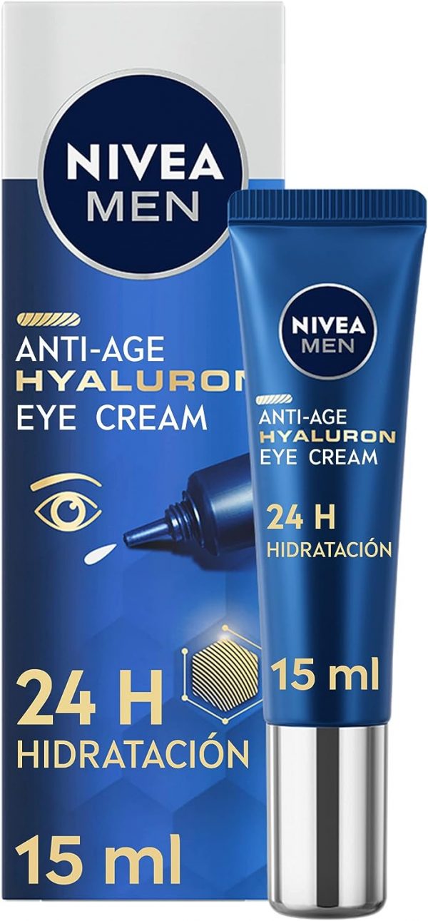 Bote de la marca Nivea conteniendo crema facial para el hombre con efecto anti edad. Hidrata todo un día