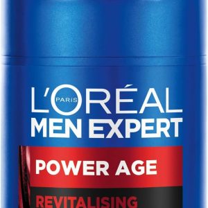 Bote de la marca LOREAL conteniendo crema revitalizante anti edad para hombre. Contiene ácido Hyalurónico y vitaminas