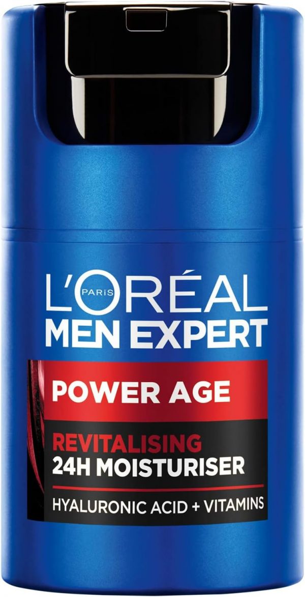 Bote de la marca LOREAL conteniendo crema revitalizante anti edad para hombre. Contiene ácido Hyalurónico y vitaminas