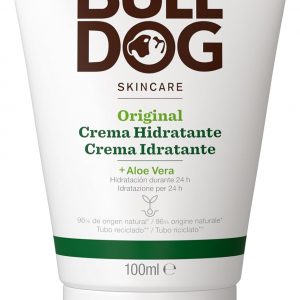 Bote de crema hidratante facial de la marca Bull Dog, para hidratar la cara masculina por 24 horas. Contiene esencia de Aloe Vera
