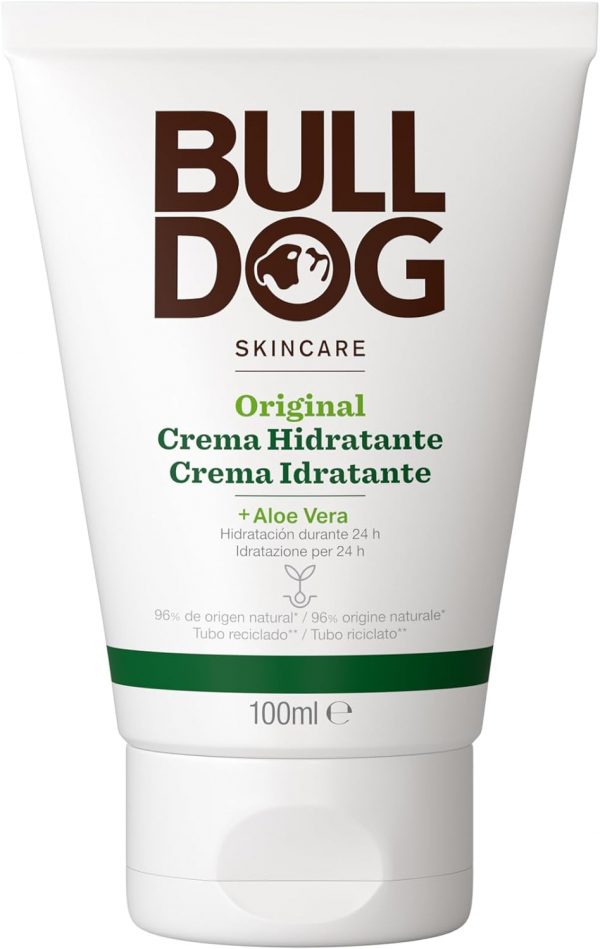 Bote de crema hidratante facial de la marca Bull Dog, para hidratar la cara masculina por 24 horas. Contiene esencia de Aloe Vera