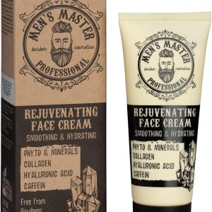 Bote de la marca Men Master conteniendo crema con efecto rejuvenecedor para el correcto cuidado dek rostro masculino, conteniendo minerales colágeno, ácido hyalurónico y cafeina
