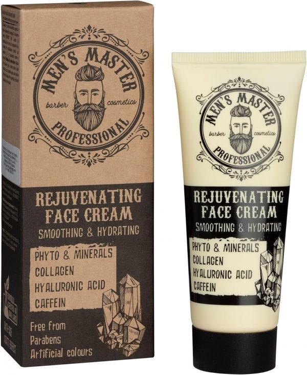 Bote de la marca Men Master conteniendo crema con efecto rejuvenecedor para el correcto cuidado dek rostro masculino, conteniendo minerales colágeno, ácido hyalurónico y cafeina