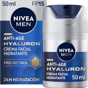 Bote de la marca Nivea para hombre conteniendo crema anti edad hidratante para la cara del hombre. Contiene ácido Hyalurón y Pro retinol