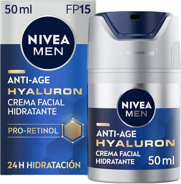 Bote de la marca Nivea para hombre conteniendo crema anti edad hidratante para la cara del hombre. Contiene ácido Hyalurón y Pro retinol
