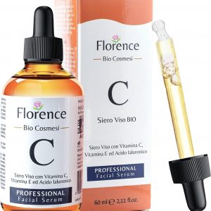Bote de la marca Florence con dispensador de gotas conteniendo aceite para el cuidado de la cara masculina con vitamina C, E y ácido hyalurónico