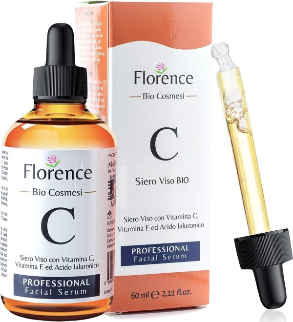 Bote de la marca Florence con dispensador de gotas conteniendo aceite para el cuidado de la cara masculina con vitamina C, E y ácido hyalurónico