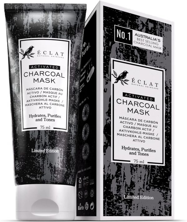 Bote conteniendo limpiador para la piel de la cara masculina conteniendo elementos de carbón activo. De la marca Eclatq