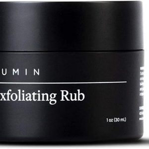 Bote color negro conteniendo exfoliante y limpiador para la piel de la cara masculina, de la marca Lumin