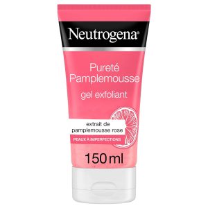 Bote conteniendo producto exfoliante para el rostro másculino con esencia de rosa de la marca Neutrogena