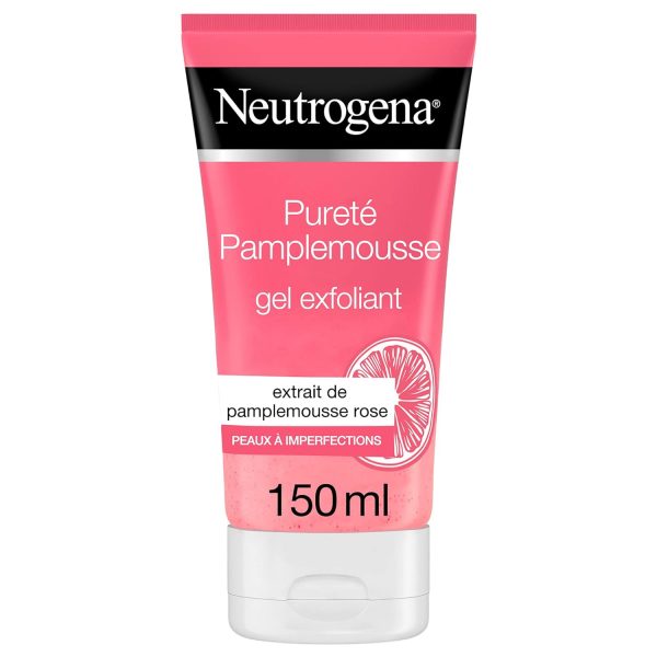 Bote conteniendo producto exfoliante para el rostro másculino con esencia de rosa de la marca Neutrogena