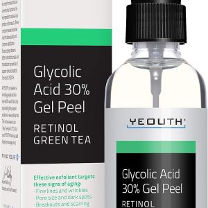 Bote conteniendo ácido glicolico para la piel de la cara masculina conteniendo esencia de té verde de la marca Yeouth