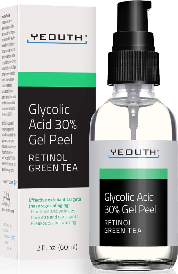 Bote conteniendo ácido glicolico para la piel de la cara masculina conteniendo esencia de té verde de la marca Yeouth