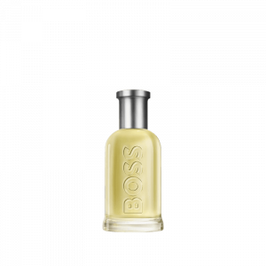 Botella de perfume de la marca BOSS de cristal transparente y tapón redondo metálico