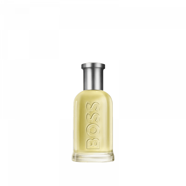 Botella de perfume de la marca BOSS de cristal transparente y tapón redondo metálico