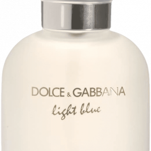 Botella de perfume de cristal transparente y tapón circular de la marca Dolce Gabbana