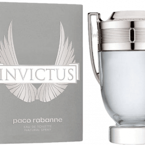 Botella de perfume de la marca Invictus en forma de trofeo con dos asas a los lados dosificador plaeado