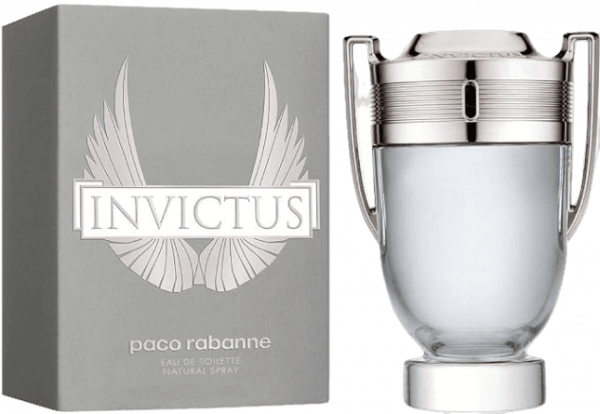Botella de perfume de la marca Invictus en forma de trofeo con dos asas a los lados dosificador plaeado
