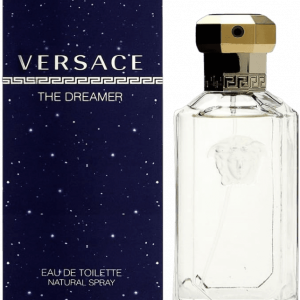 Botella de perfume transparente con dosificador dorado de la marca Versace