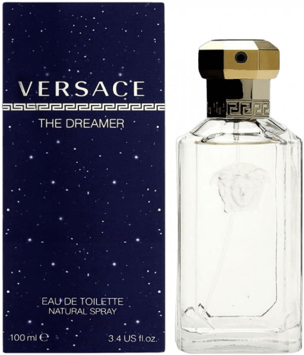 Botella de perfume transparente con dosificador dorado de la marca Versace